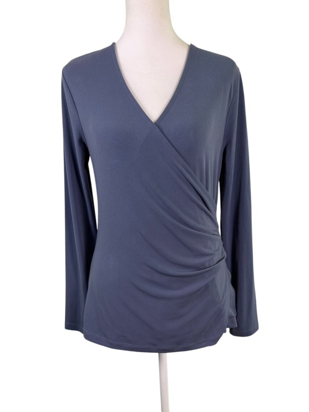 Tahari Dusty Blue Faux Wrap Ruched Long Sleeve Top | Size Medium - Picture 2 of 9